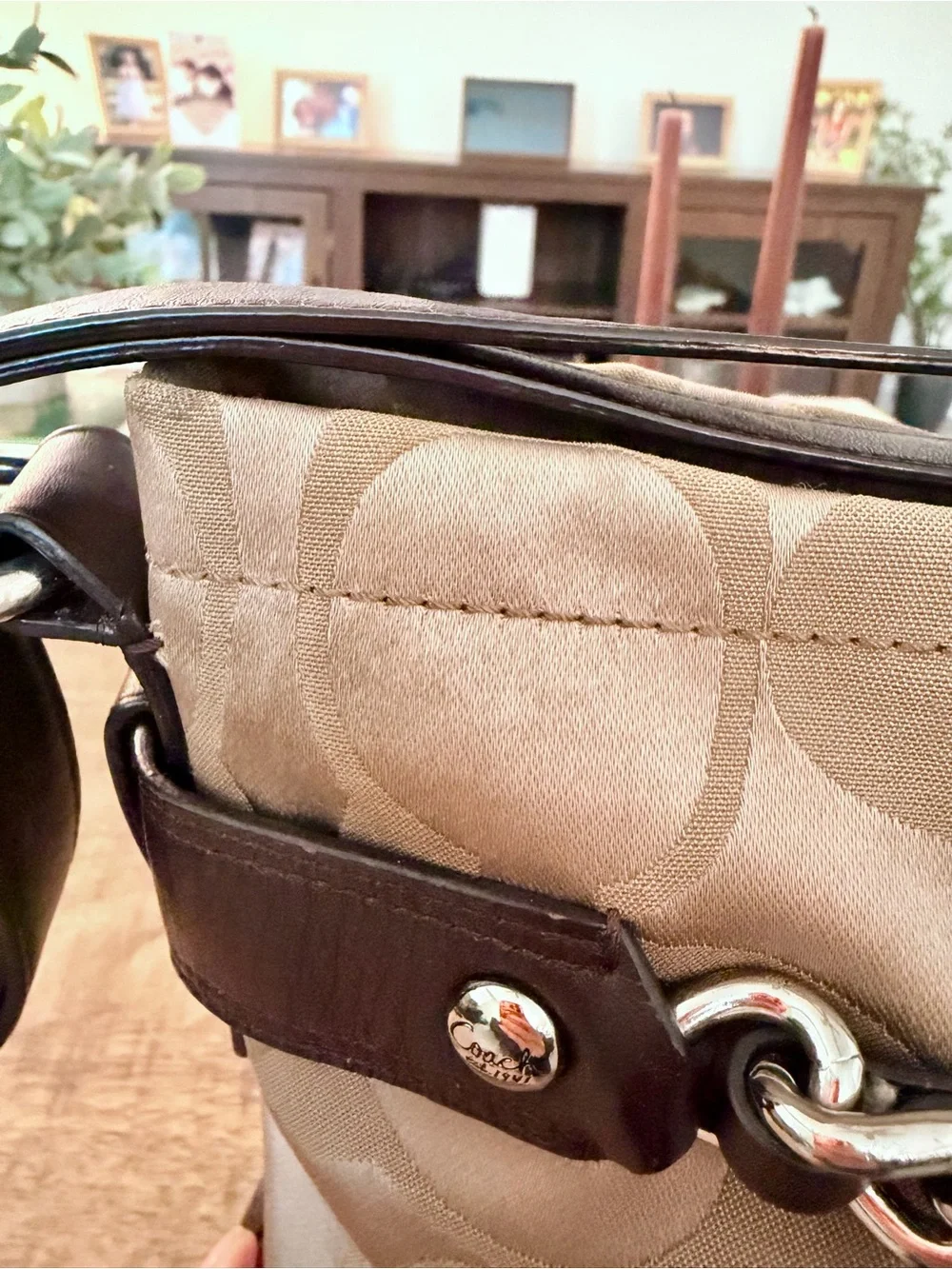Y2K Aesthetic Coach Beige Signature Sateen Shoulder Bag with Brown Leather Trim